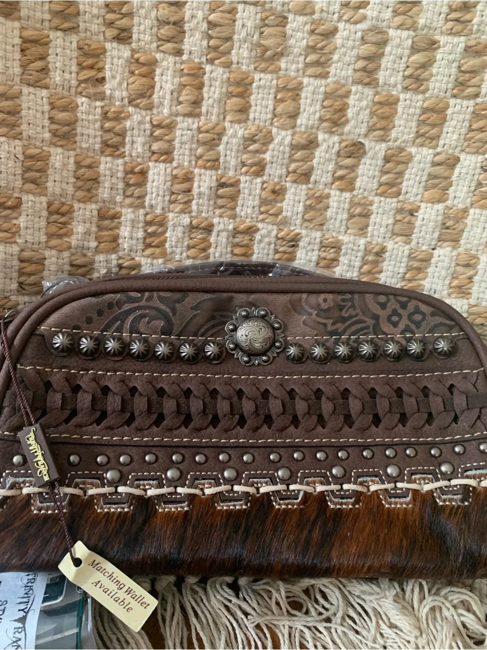 Trinity Brown Woven Studded Fringe Cosmetic Clutch
